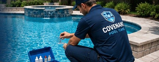 A Covenant Pool Care technician testing pool water chemistry