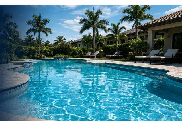 A backyard pool with palm trees in Cape Coral, Florida